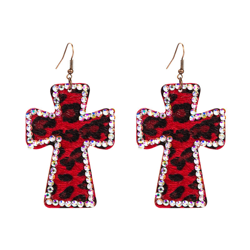 Wholesale Exaggerated cross leather leopard print earrings